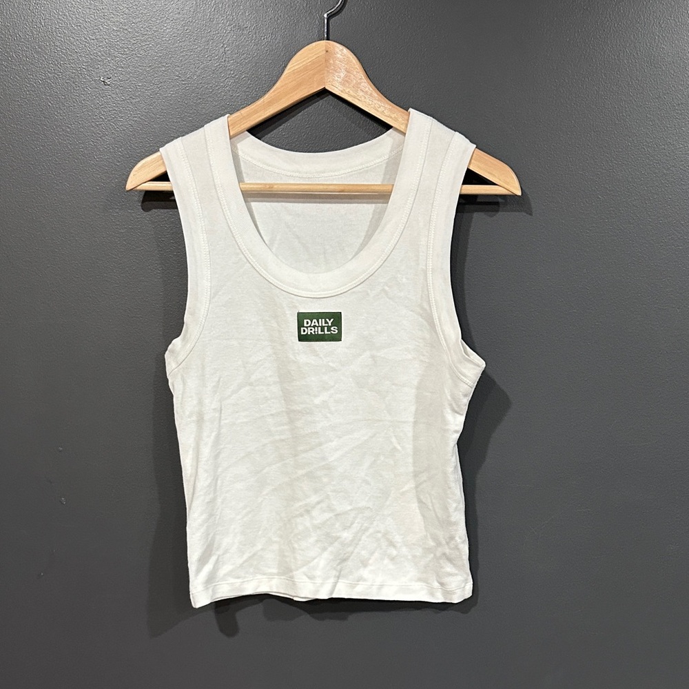Daily Drills White Ribbed Scoop Neck Tank with Green Logo